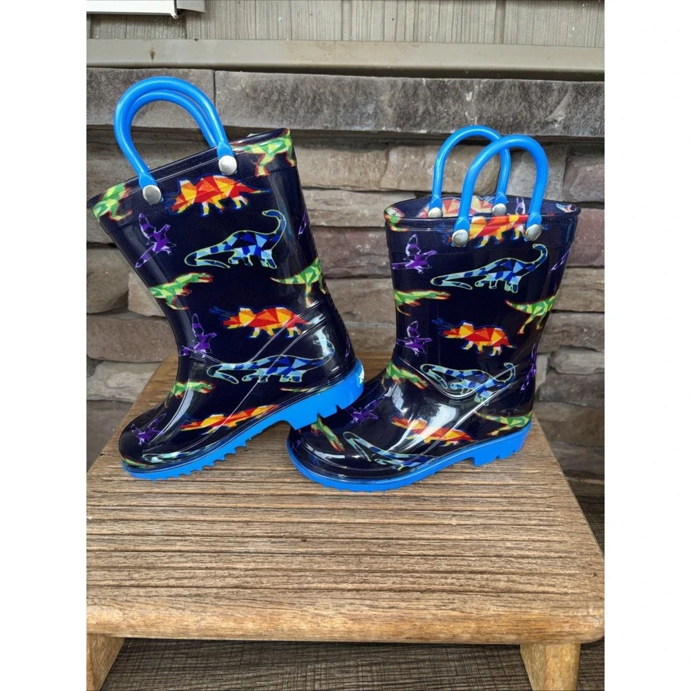 Zoogs Toddler Pull On Handle Rain Boots Dinosaur Print Blue Size 8